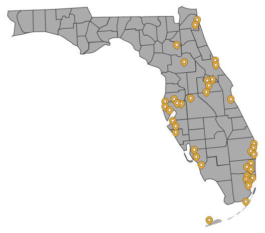 Map of Florida highlighting retail presence locations